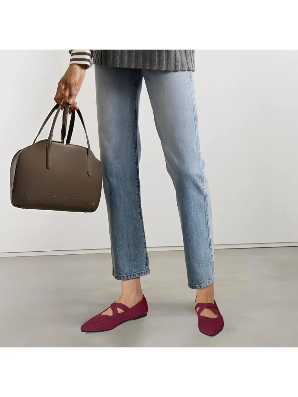 Women's Red Knit Mary Jane Flats Pointed Toe Comfortable Slip On Dressy Shoes